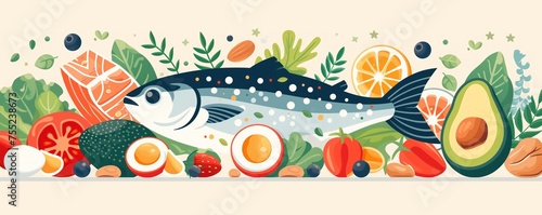 Healthy foods containing unsaturated fats omega 3, omega 6: fatty sea fish, nuts, seeds, avacado, eggs, greens. Banner with useful products photo