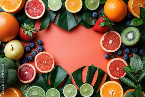 Fruits  vegetables  citrus fruits and berries are symmetrically laid out on the leaves. Sicilian orange  kiwi  lime  lemon  orange  avocado  strawberry  blueberry  apple and broccoli  space for text