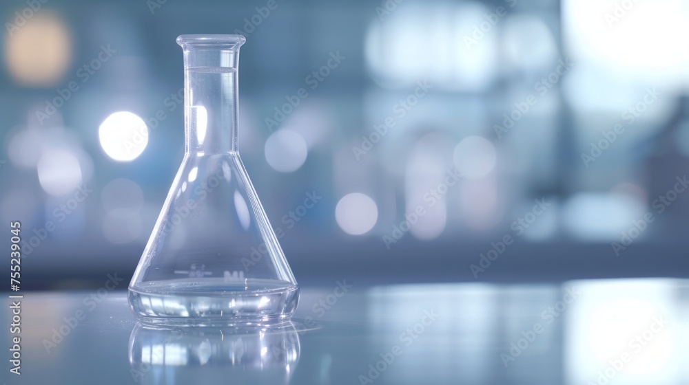 Elegance in Glass: Clear Erlenmeyer flask displayed against a softly blurred background, highlighting the elegance of glass precision. Elegance in Glass: Clear Erlenmeyer flask displayed against a softly blurred background, highlighting the elegance of glass precision.