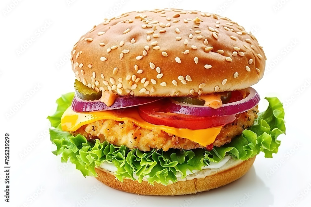 Chicken burger, delicious double burger with crispy chicken meat, salad and sauce isolated Chicken burger, delicious double burger with crispy chicken meat, salad and sauce isolated