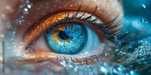 A detailed close-up of a blue eye, showcasing intricate details and the vibrant color of the iris.