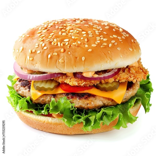 Chicken burger  delicious double burger with crispy chicken meat  salad and sauce isolated