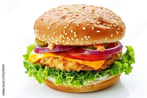 Chicken burger, delicious double burger with crispy chicken meat, salad and sauce isolated