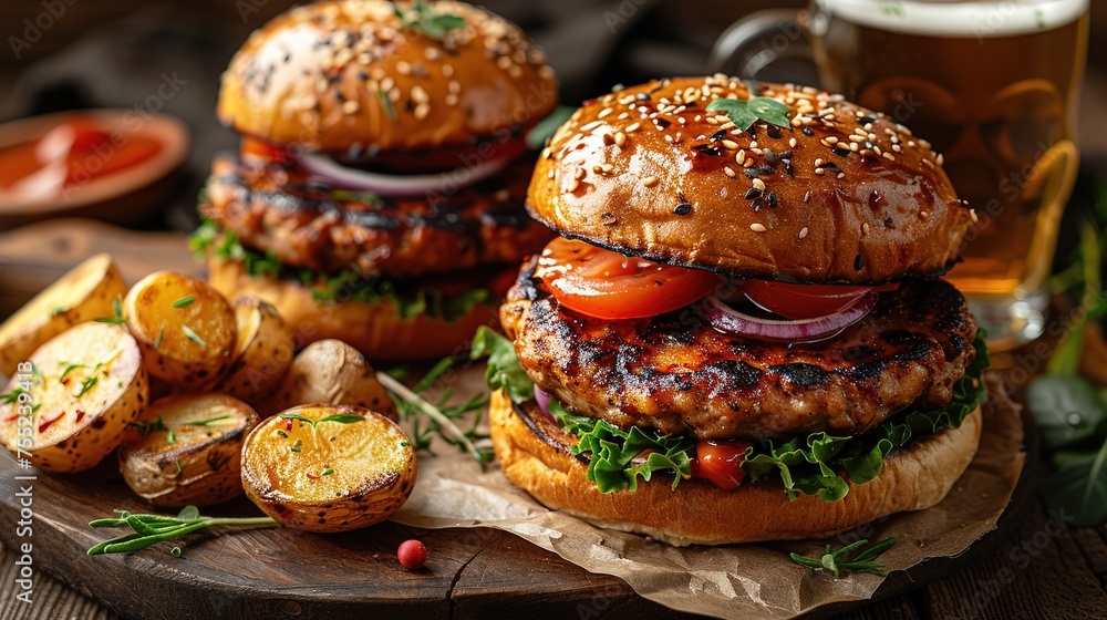Fresh Gourmet Chicken Burger with cheese closeup on wooden rustic table with rustic potato Fresh Gourmet Chicken Burger with cheese closeup on wooden rustic table with rustic potato