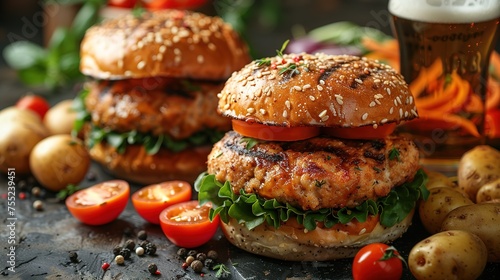 Wallpaper Mural Fresh Gourmet Chicken Burger with cheese closeup on wooden rustic table with rustic potato Torontodigital.ca