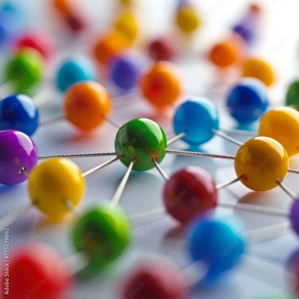 Obraz premium Technological Link: Abstract depiction of communication and connection with color spheres connected by wires, symbolizing the technological link in a digital world.