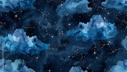 A pattern with watercolor clouds in shades of blue, stars and constellations Generative AI photo