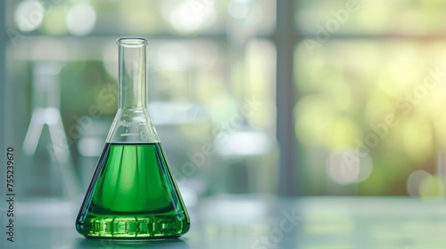 Conical flask, soothing green hue, on moderately blurred background photo