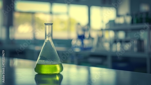 Green Elegance: Beauty of a conical flask revealed with a soothing green hue on a moderately blurred background, showcasing the elegance of scientific aesthetics.