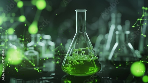 Laboratory Harmony: Conical flask with a soothing green hue captures the essence of laboratory harmony against a moderately blurred background.