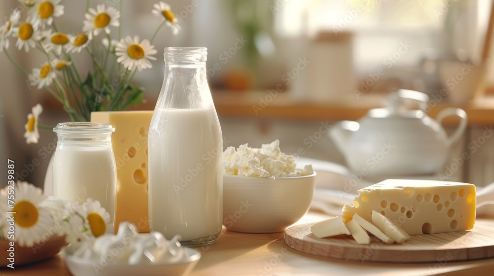 Milk products on a table. Generative AI Milk products on a table. Generative AI