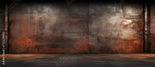 An empty room with a rusted metal sheet covering the wall and floor  showcasing a grungy and dilapidated interior design.