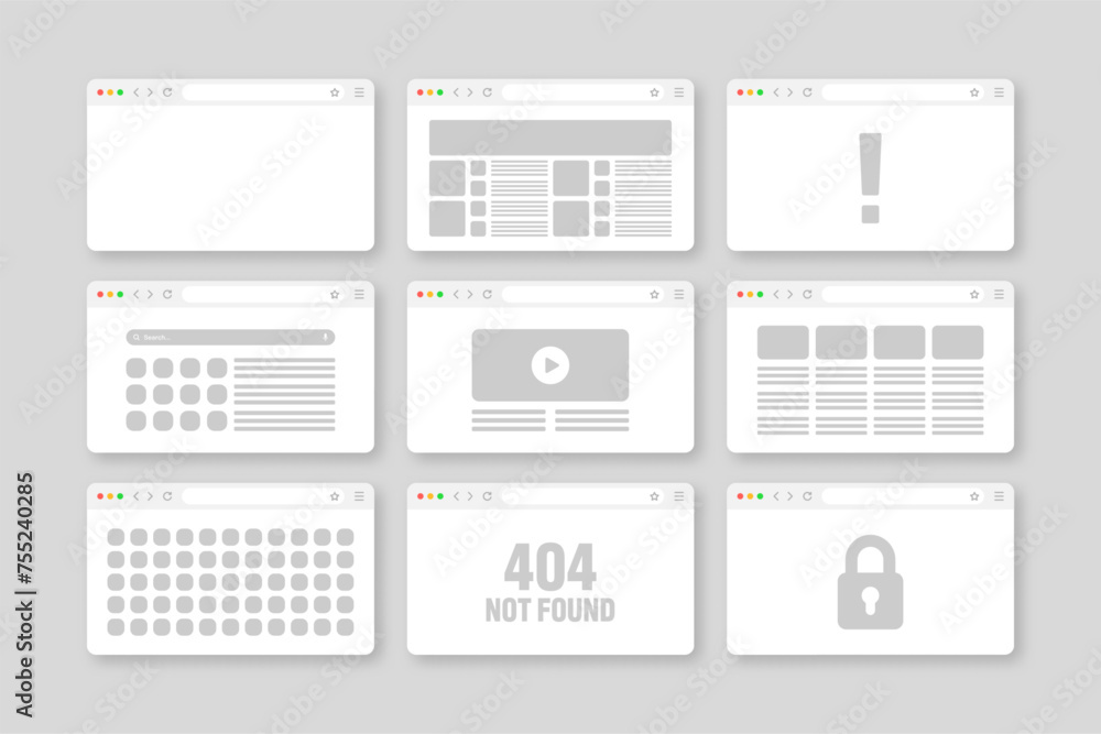 Web browser window, pages layout with toolbar and search field. Modern website, internet page in flat style. Browser mockup for computer, tablet and smartphone. Adaptive UI. Vector illustration Web browser window, pages layout with toolbar and search field. Modern website, internet page in flat style. Browser mockup for computer, tablet and smartphone. Adaptive UI. Vector illustration