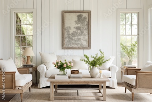 Vintage Farmhouse Living Room Decor: Bright and Airy White-Washed Walls © Michael