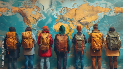 Group of Travelers in Front of World Map