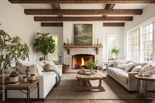 Rustic Wood Beams Highlight Architectural Charm in Vintage Farmhouse Living Room Decor