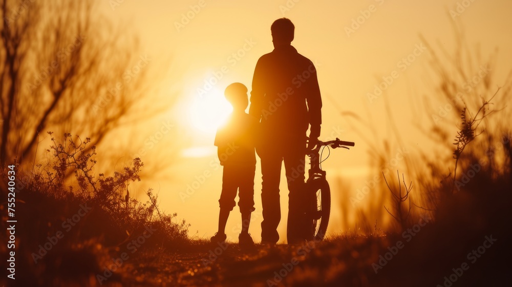 Heartwarming sunset silhouette father, son, and bicycle side by side Heartwarming sunset silhouette father, son, and bicycle side by side