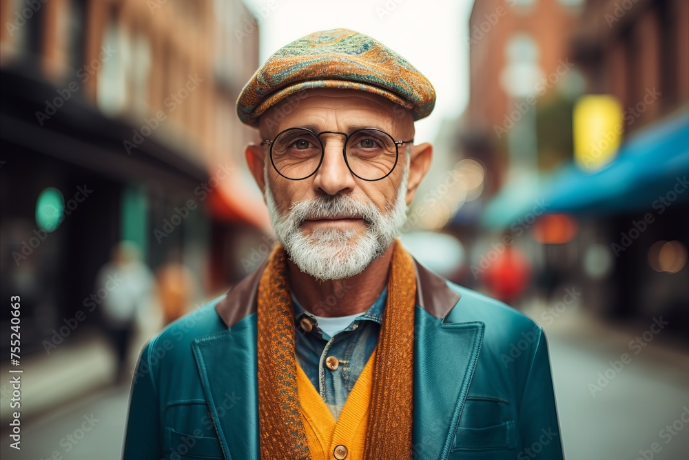 Portrait of a senior man with grey beard and glasses on a city street. Portrait of a senior man with grey beard and glasses on a city street.