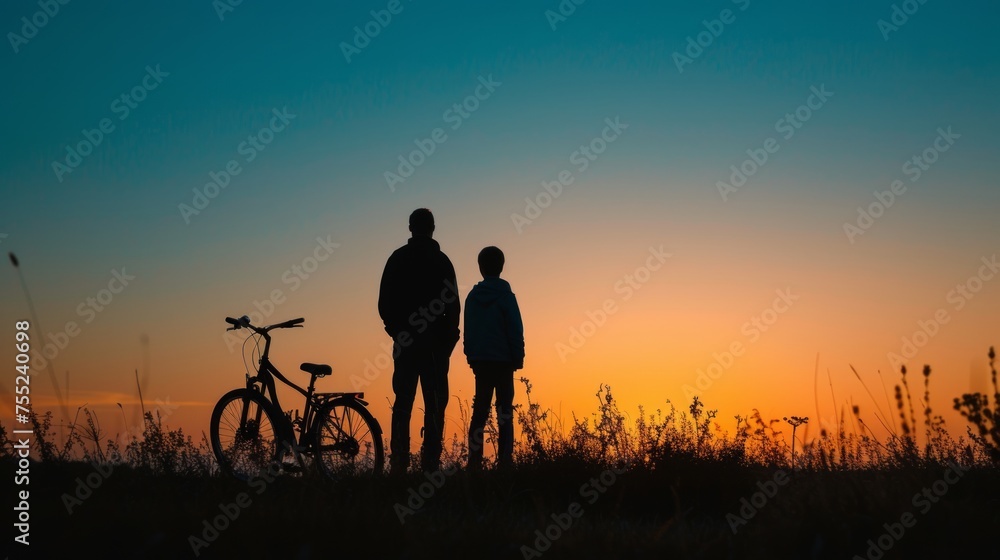 Cycling into Sunset Bliss: The image portrays a heartwarming scene of a father and son standing side by side