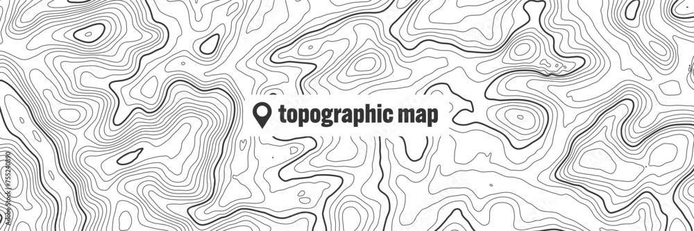 Topographic map with contour lines. Geographic terrain grid, relief height elevation. Ground path pattern. Travel and navigation, cartography design element. Vector illustration