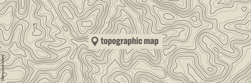Topographic map with contour lines. Geographic terrain grid, relief height elevation. Ground path pattern. Travel and navigation, cartography design element. Vector illustration - obrazy, fototapety, plakaty 