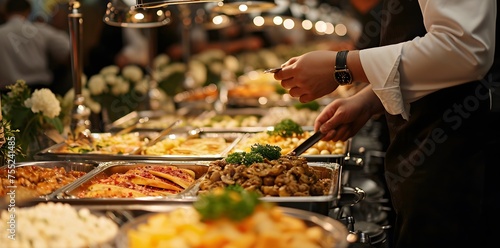 variety of food in metal trays on a buffet, restaurant, hotel restaurant, delicacies