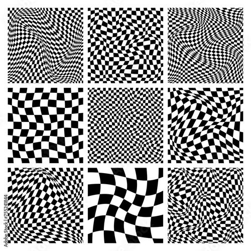 Trendy checkered pattern, black and white distorted tiled grid. Wavy curved backdrop, distortion effect. Funky geometric chessboard texture, retro background in 90s style, y2k. Vector illustration