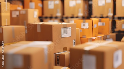 Closeup of multiple cardboard box packages in a warehouse fulfillment center, e-commerce, delivery, logistics and products.  © Karen Yomalli