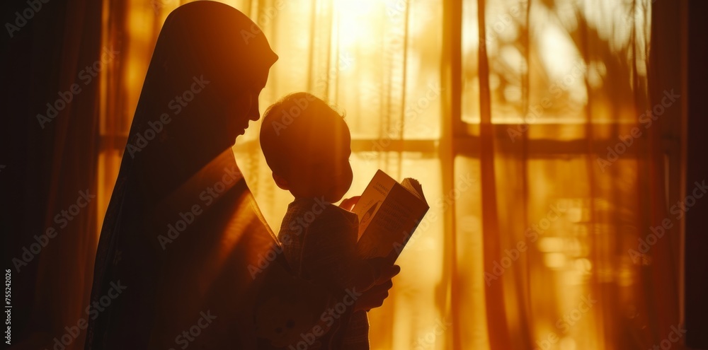Warm light silhouette: Mother in hijab reading to child, capturing a heartwarming family scene.