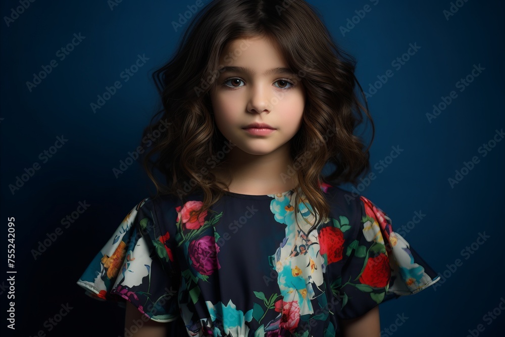 portrait of a beautiful little girl with long curly hair on a blue background portrait of a beautiful little girl with long curly hair on a blue background