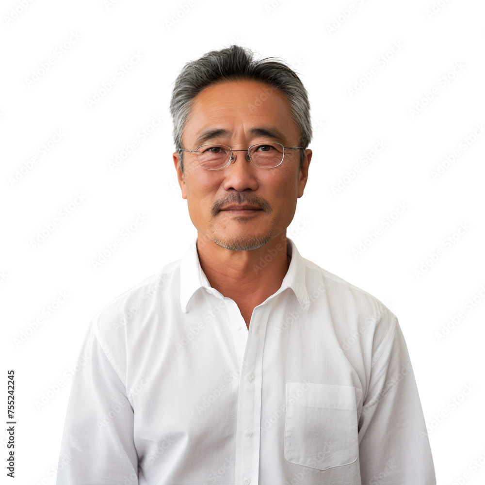 Portrait of a smiling Japanese old man wearing glasses, front view, isolated on white background Portrait of a smiling Japanese old man wearing glasses, front view, isolated on white background
