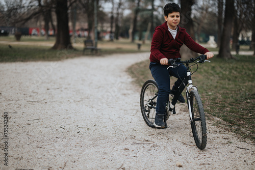 Active young kid joyfully riding a bicycle outdoors in a green park, embodying childhood and freedom.