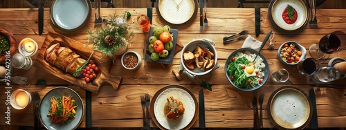 A sturdy hardwood table adorned with plantbased cuisine, featuring an array of colorful vegetable dishes served on elegant wooden tableware