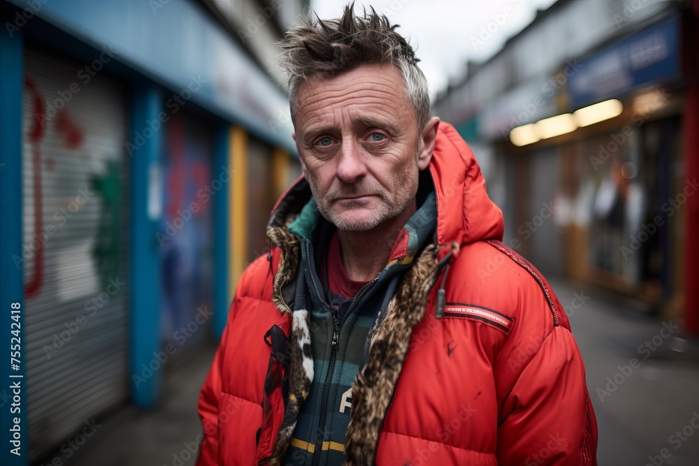 Portrait of a senior man in a red jacket on a city street