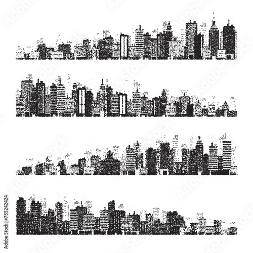 Stippled city silhouettes. Cityscape, town skyline. Midtown, downtown with buildings, houses and skyscrapers. Stippling, dot drawing and shading, stipple pattern, halftone effect. Vector illustration
