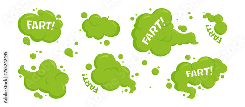 Fart cloud, smelly bubble, green spray, toxic gas, smoke steam, cartoon stink odour isolated on white background. Aroma vector illustration