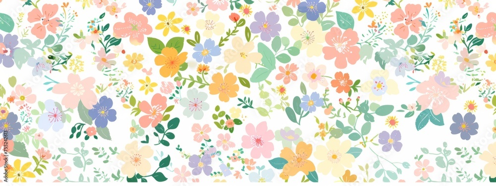 Colorful spring floral pattern seamless background illustration with small flowers and leaves on a white background Generative AI