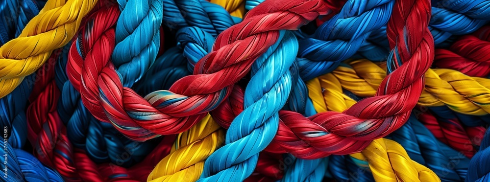 A close up of a vibrant pile of colorful woolen ropes in shades of Blue, Azure, Aqua, Magenta, and Electric blue, creating a beautiful pattern like an art exhibit at an event