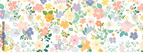 Colorful spring floral pattern seamless background illustration with small flowers and leaves on a white background Generative AI