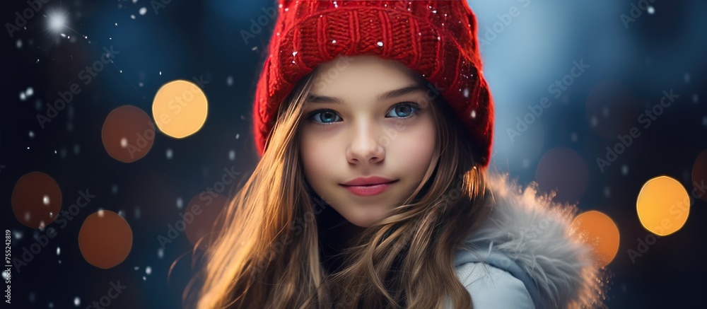 A fashionable woman is dressed in a red hat and luxurious fur coat, standing against a blurred winter background. A fashionable woman is dressed in a red hat and luxurious fur coat, standing against a blurred winter background.