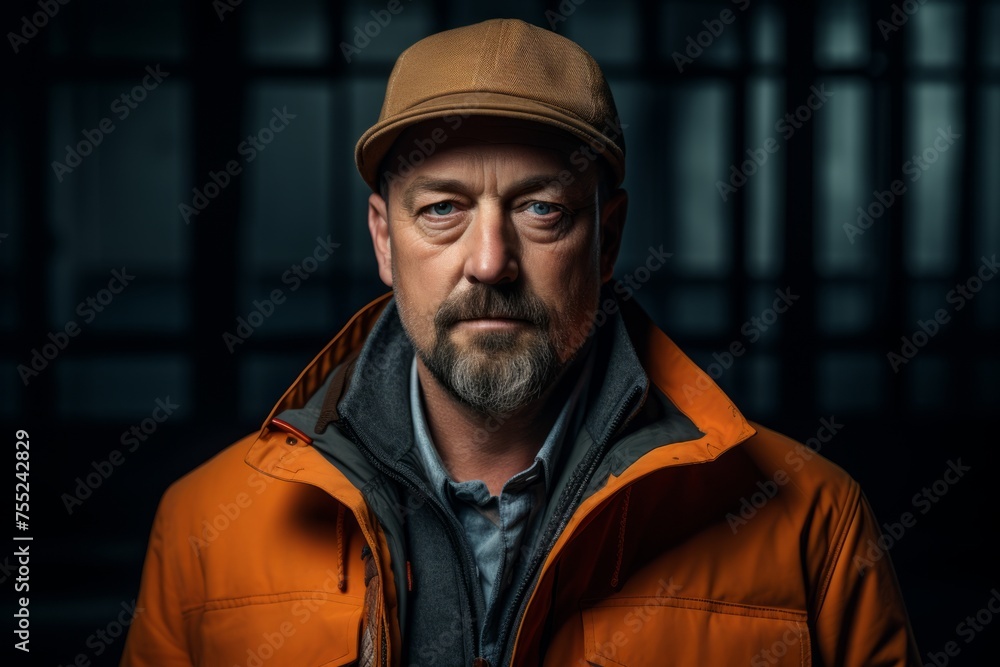 Portrait of a senior man wearing a cap and orange jacket.