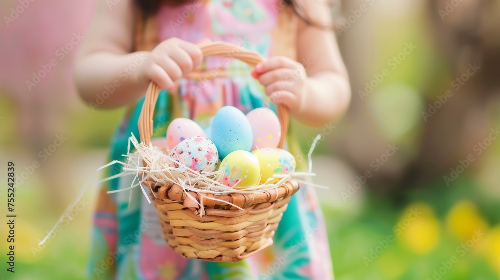 Little child wearing pastel color dress holding basket with easter eggs in spring garden. Little child wearing pastel color dress holding basket with easter eggs in spring garden.