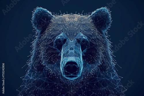Bear's face low poly wireframe on dark blue background. The concept of a bear's face, a fearsome wild animal, or a bear market.