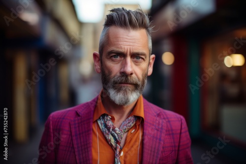 Portrait of a handsome mature man with beard and mustache in a red jacket on a city street.