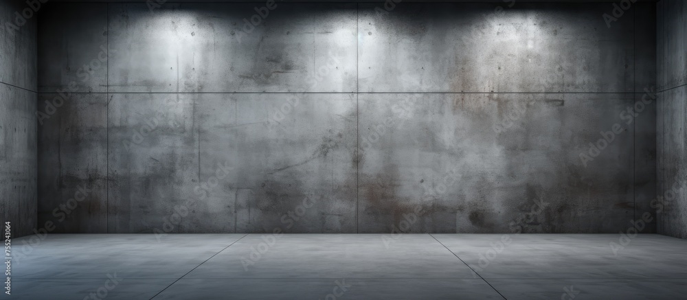 An empty room with dark concrete walls and overhead lights. The stark architecture creates a simple and industrial atmosphere. An empty room with dark concrete walls and overhead lights. The stark architecture creates a simple and industrial atmosphere.