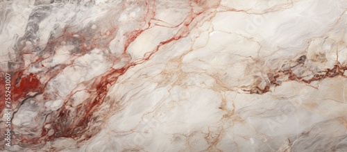 A detailed view of a high-resolution marble surface, featuring a striking combination of red and white colors. The texture and pattern of the marble are prominent in the close-up shot.
