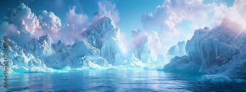 A stunning natural landscape featuring a large body of water surrounded by snowcovered mountains, icebergs, and a cloudy sky with electric blue hues