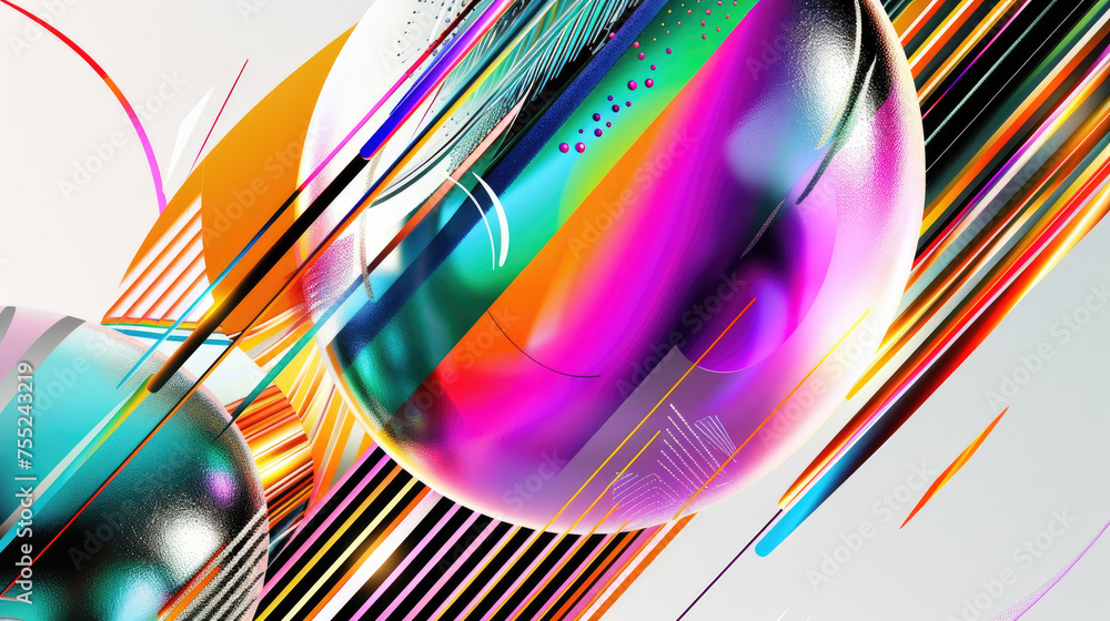Vibrant abstract graphic with multicolored shapes flowing lines and 3D spheres on a white background creating a dynamic composition - obrazy, fototapety, plakaty 