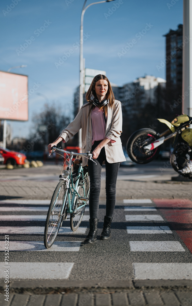 Obraz premium Confident young woman with a bike crossing the pedestrian lane in an urban setting against a blurred city background.