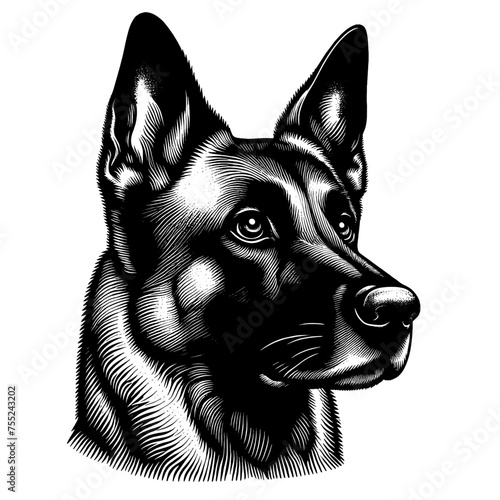 Malinois dog portrait. Hand Drawn Pen and Ink. Vector Isolated in White. Engraving vintage style illustration for print, tattoo, t-shirt, sticker 